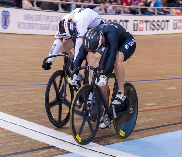 Sam Webster (right) holds off Germany's Stefan Botticher in the first ride of the sprint semifinals at the UCI Track Cycling World Championships in Minsk, Belarus today. Botticher came back to win 2-1 and went on to win the gold medal.
